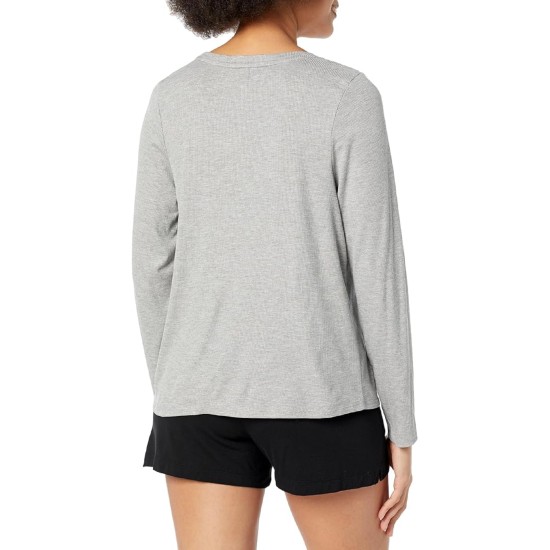  Women’s Ribbed Long-Sleeve Sleep Tee, Heather Grey, Large