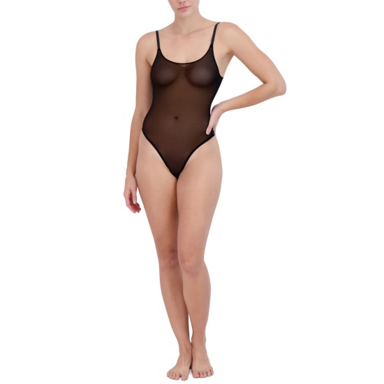  Women’s Sheer Mesh Thong Bodysuit, Black, Large