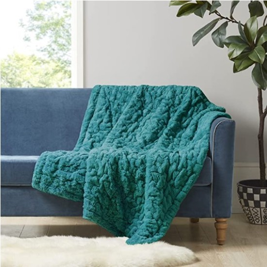  Ruched Faux Fur Luxury Throw Teal 50*60 Premium Soft Cozy Brushed Long Faux Fur For Bed, Coach or Sofa