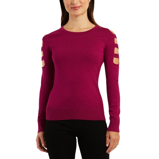  Juniors’ Cutout-Sleeve Sweater, Berry, Large