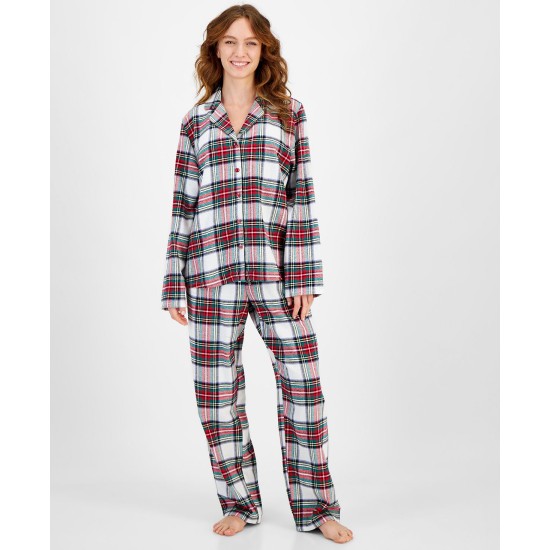  Women’s Stewart Cotton Plaid Pajamas Set, White, Large