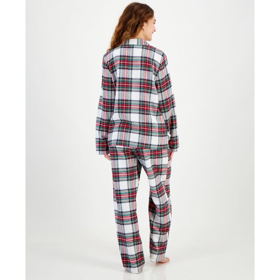  Women’s Stewart Cotton Plaid Pajamas Set, White, Large