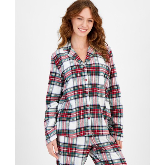  Women’s Stewart Cotton Plaid Pajamas Set, White, Large