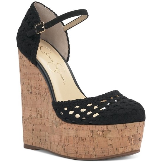  Marshela Ankle-Strap Platform Wedge Sandals, Black, 9.5M