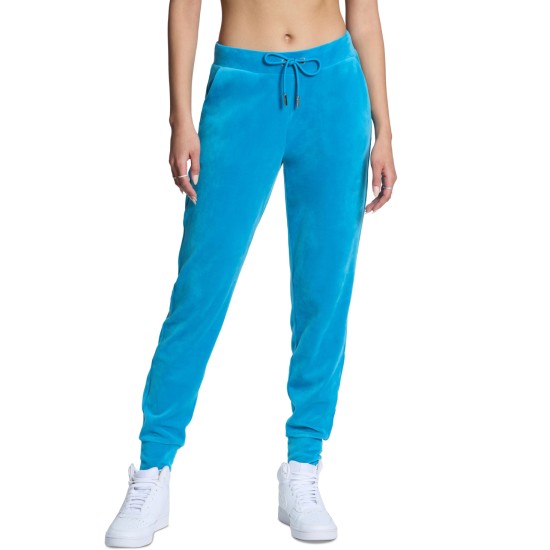  Women’s Velour Drawstring-Waist Bling Joggers, Turquoise, Small