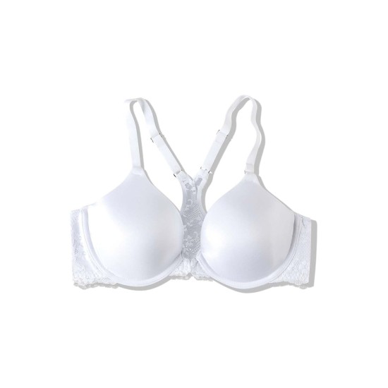  One Fab Fit Lace T-Back Shaping Underwire Front Close Bra 7112, White, 34C