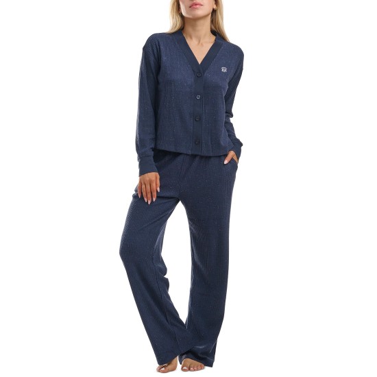  Women’s Speckled Waffle-Knit Cardigan Top and Pajama Pants Set, Navy Blazer, X-Large