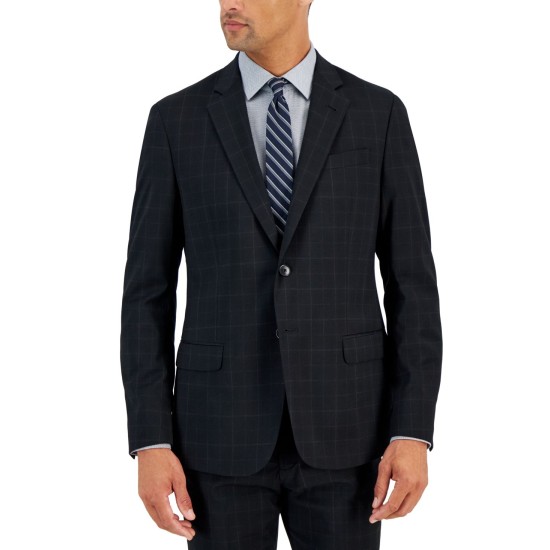  Men’s Slim-Fit Black Windowpane Wool Suit Jacket, Black, 40S