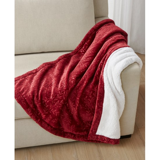  Embossed Plush Reversible Sherpa Throw, 50″ x 60″, Red Currant