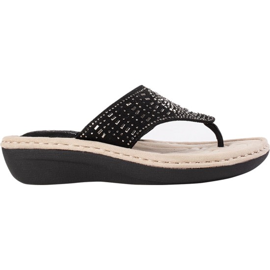  Women s Cienna Demi Wedge Thong Sandal, Black/Fabric, 9M