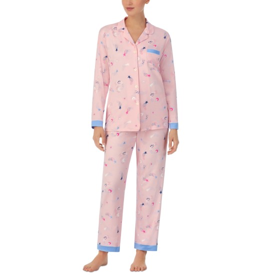  Women’s 2-Pc. Printed Notched-Collar Pajamas Set – Pink, X-Large