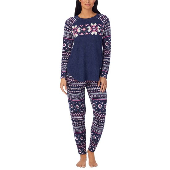  Women’s Brushed Sweater-Knit Long-Sleeve Pajama Set – Navy, Medium