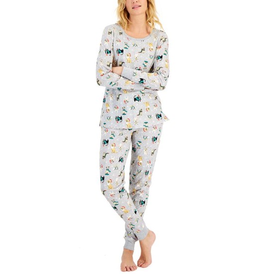  Matching Women’s Holiday Dogs & Cats Pajama Set, Gray, X-Small