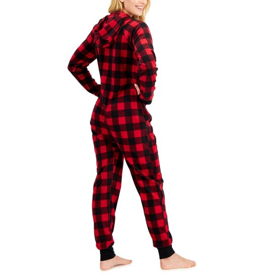  Men’s & Women’s Kids Pets Matching Onesie Hoodie 1 Piece Fleece Pajamas, Red/Black, X-Small