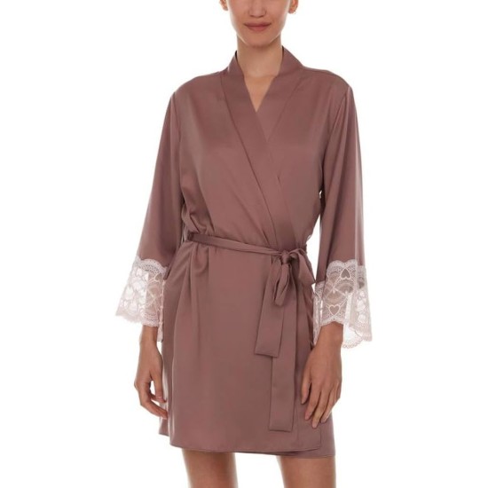  Women’s Kit Heart Lace Matte Charmeuse Wrap Robe (Mauve, Small/Medium)