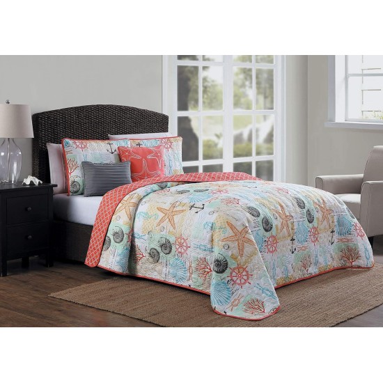  Home Fashion Belize 5 Pc King Quilt Set, Coral