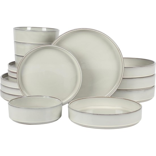  Bloomhouse – Oprah’s Favorite Things – Santorini Mist 16 Piece Double Bowl Terracotta Reactive Glaze Plates and Bowls Dinnerware Set – Moonstone White