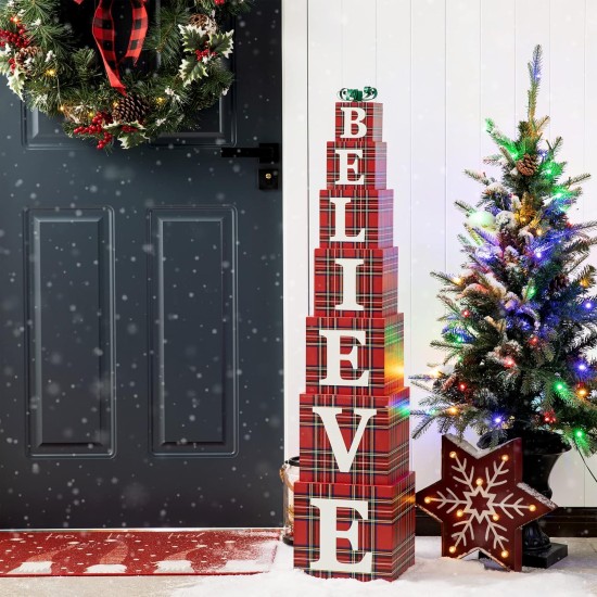  42″ H Wooden Double-Sided “Believe” Porch Decor, Red