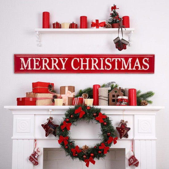  Enameled Metal “Merry Christmas” Wall Sign, 46”L, Red