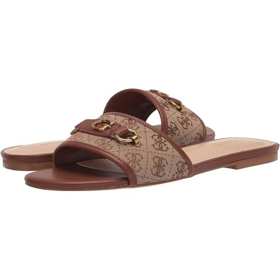  Women’s Hammi One Band Logo and Hardware Flat Sandals, Brown, 6.5