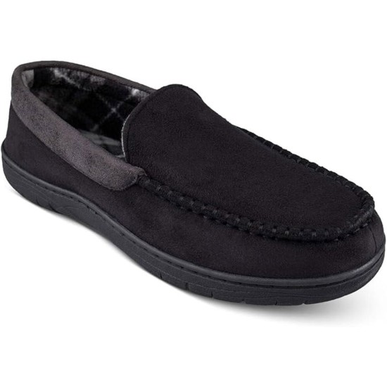  Men’s Microsuede Fleece Lined Venetian Slippers, Black, Large