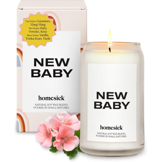  Scented Candles for Home (New Baby) – 13.75 oz Long-Lasting Natural Soy Wax Blend Jar Candle Gifts & Couples Baby Shower Favors, 60-80 Hours Burn Time – Notes of Geranium & Vanilla