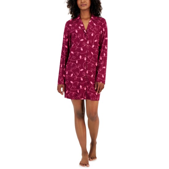  Women’s Notched-Collar Long-Sleeve Sleepshirt, Red, Small