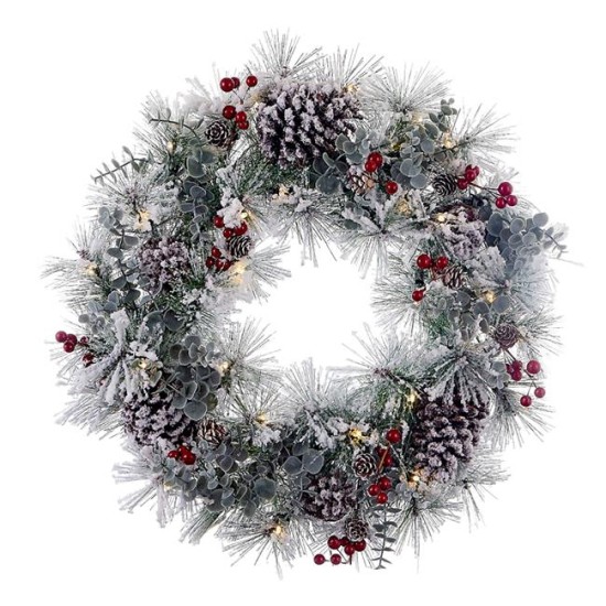  18-Inch Battery-Operated Flocked with Red Berries and Pinecones Led Wreath