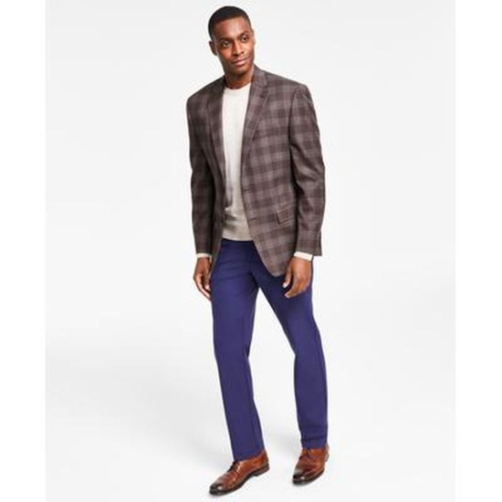  Men’s Classic-Fit Ultraflex Stretch Brown/Navy Plaid Sport Coat, 46R