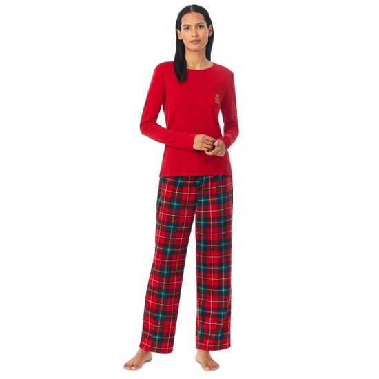  Women’s 2-Pc. Knit-Top Fleece-Pant Pajamas Set – Red Plaid, X-Large