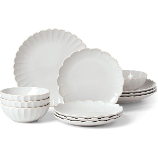  French Perle Scallop 12 Piece Dinnerware Set, White