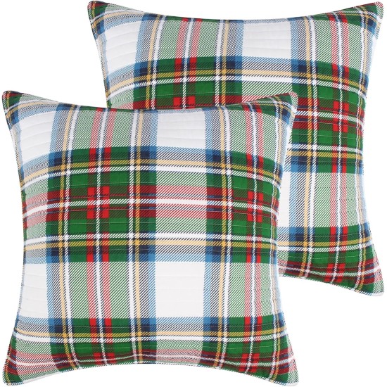 – Festive Baubles Quilt – Euro Sham Set of 2 – Plaid – Green/White