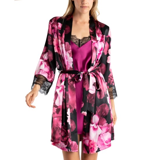  Women’s Erina 2-Pc. Printed Robe & Chemise Set – Black, Small