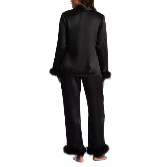  Women’s Marabou Feather Satin Pajama Set, Black, Small