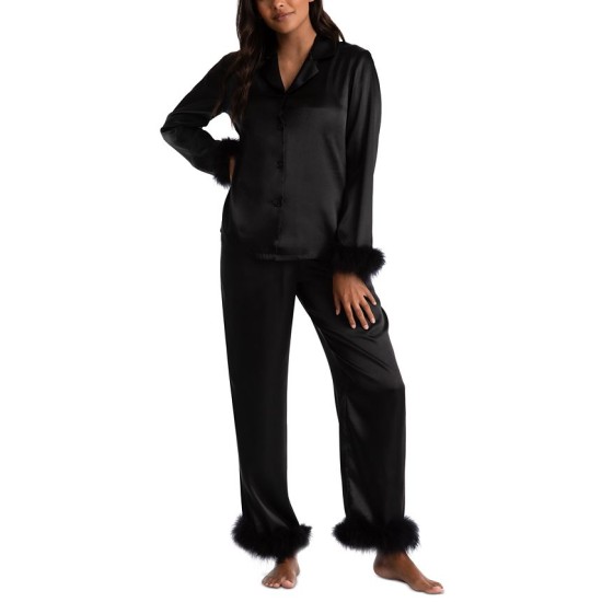  Women’s Marabou Feather Satin Pajama Set, Black, Small