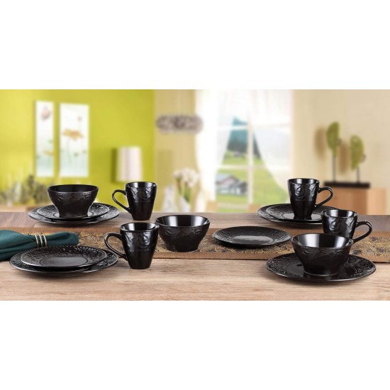  16 Piece Stoneware Scroll Dinnerware Set, Service for 4, Black