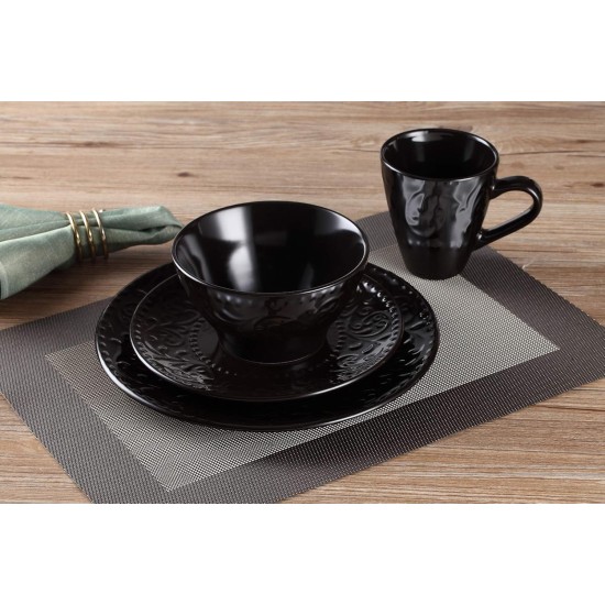  16 Piece Stoneware Scroll Dinnerware Set, Service for 4, Black