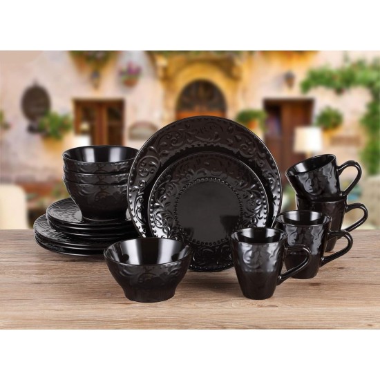  16 Piece Stoneware Scroll Dinnerware Set, Service for 4, Black