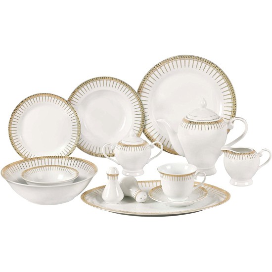  57-Piece Porcelain Dinnerware Set with Rain Drop Border, Service for 8, Gold