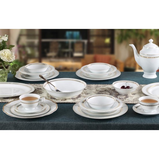  New Bone China 57 Piece Dinnerware Set, Service for 8, Gold