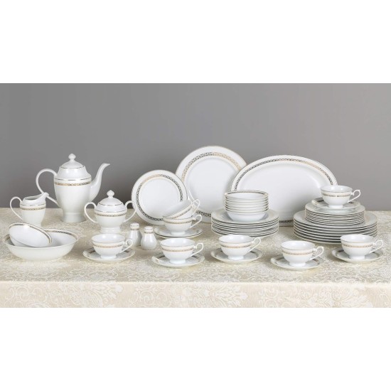  New Bone China 57 Piece Dinnerware Set, Service for 8, Gold