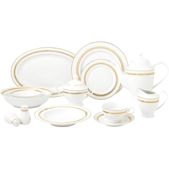  New Bone China 57 Piece Dinnerware Set, Service for 8, Gold