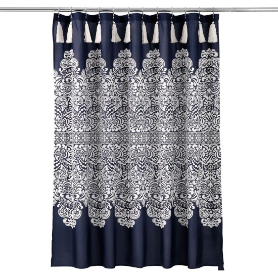 , 72″ x 72″, Navy Boho Medallion Shower Curtain-Fabric Bohemian Damask Print Design with Tassels