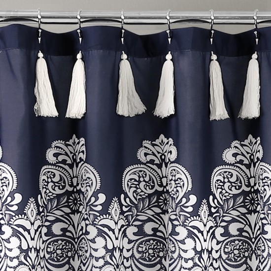 , 72″ x 72″, Navy Boho Medallion Shower Curtain-Fabric Bohemian Damask Print Design with Tassels