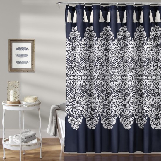 , 72″ x 72″, Navy Boho Medallion Shower Curtain-Fabric Bohemian Damask Print Design with Tassels