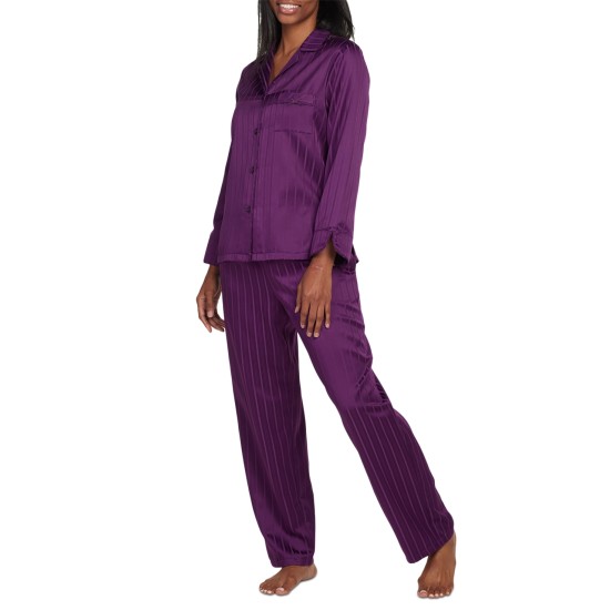  Women’s 2-Pc. Striped Notched-Collar Pajamas Set, Eggplant, Medium