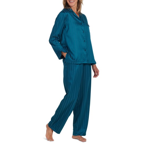  Women’s 2-Pc. Striped Notched-Collar Pajamas Set, Teal, Medium