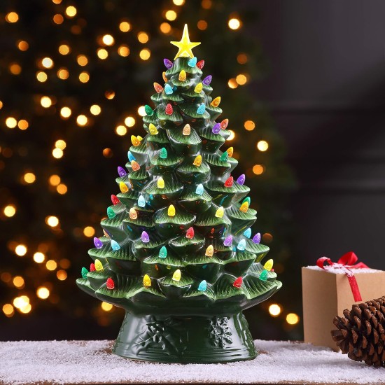  Nostalgic Ceramic Christmas Tree with LED Lights Indoor Decoration, 18 Inches, Green