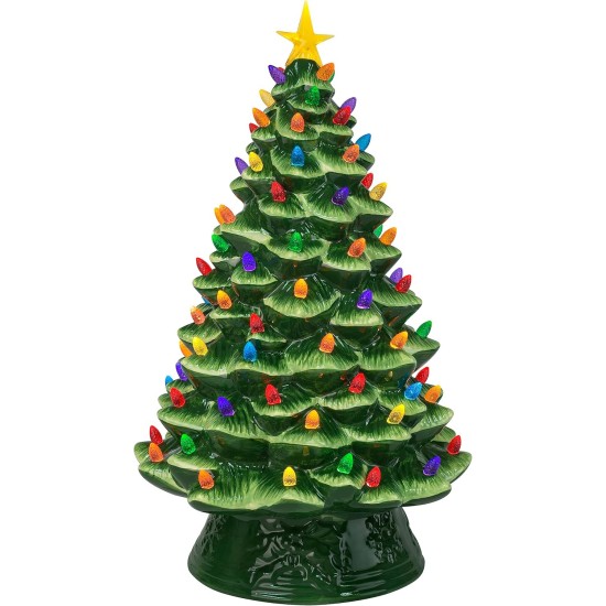  Nostalgic Ceramic Christmas Tree with LED Lights Indoor Decoration, 18 Inches, Green