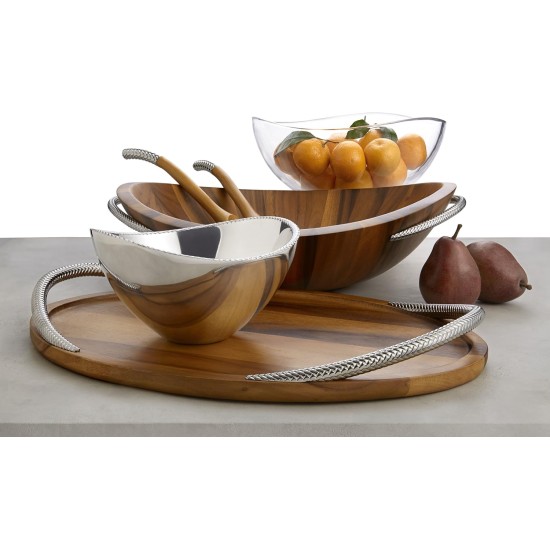  Braid 20″ 3 piece Wood Salad Bowl with Servers, Brown